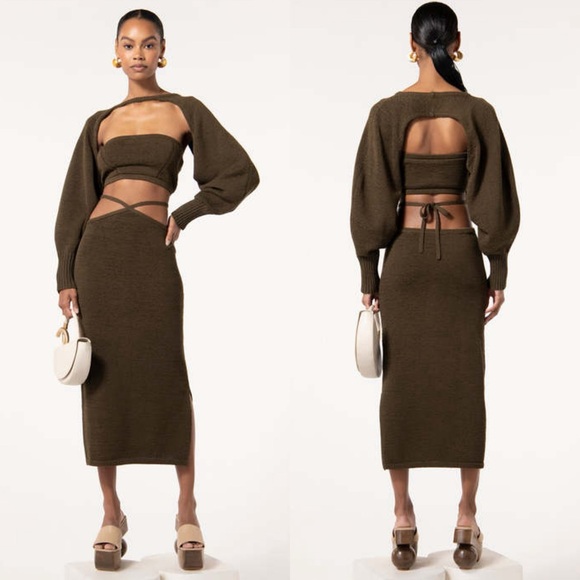 cult gaia Dresses & Skirts - CULT GAIA 3 Piece Set Sally Knit Top, Shrug, and Skirt in Advieh Olive Green XS